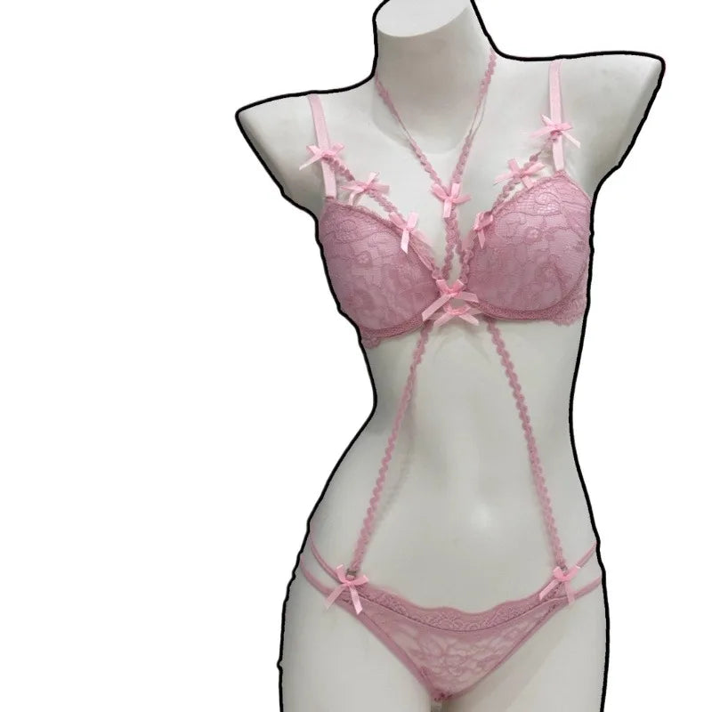 Elegant Women's Halter Bra with Detachable Bow, Pure Sensual Lace Bralette Small Chest, Romantic Gather Support Wireless Comfort