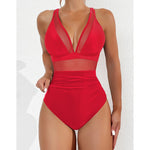 S - XL New Sexy Mesh Sheer V Neck Women Swimwear One Piece Swimsuit Female High Leg Cut Monokini Bather Bathing Suit Swim V5136