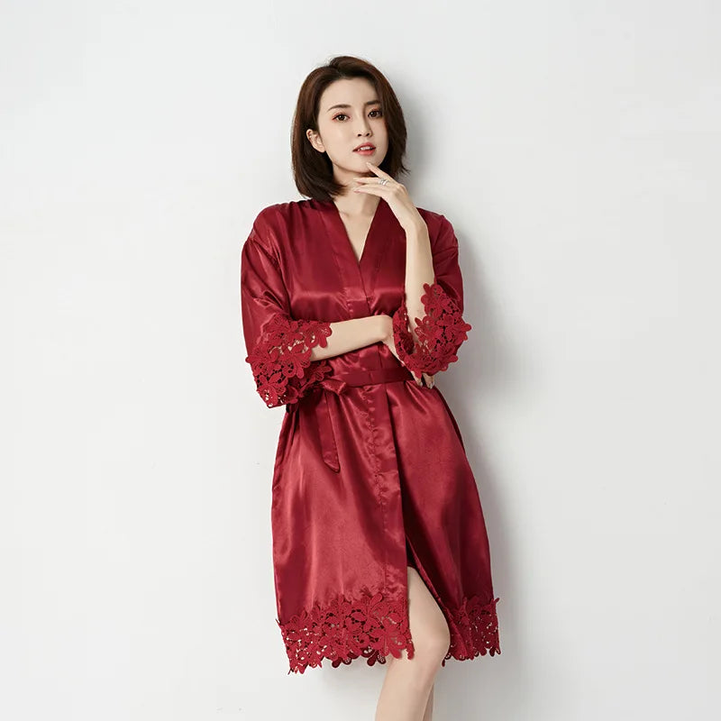 Women Pajamas Robes Sleepwear Nightgowns Half Sleeve Nightdress Lace Bathrobe Smooth Soft Comfortable Pure Color