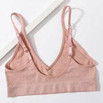 Women Ribbed V-Neck Wireless Bra Solid Color Knit Bralette Stretch Thin Straps Liner-Free No Chest Pads Lingerie Daily Intimates