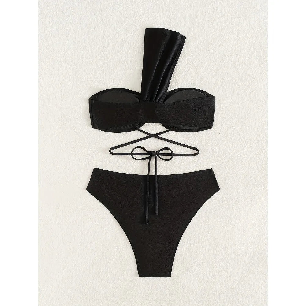 Sexy One Shoulder Black Bikini 2025 Woman Swimsuit Two Pieces Swimwear Female Thong Bikinis Set Bathing Suits Brazilian Biquini