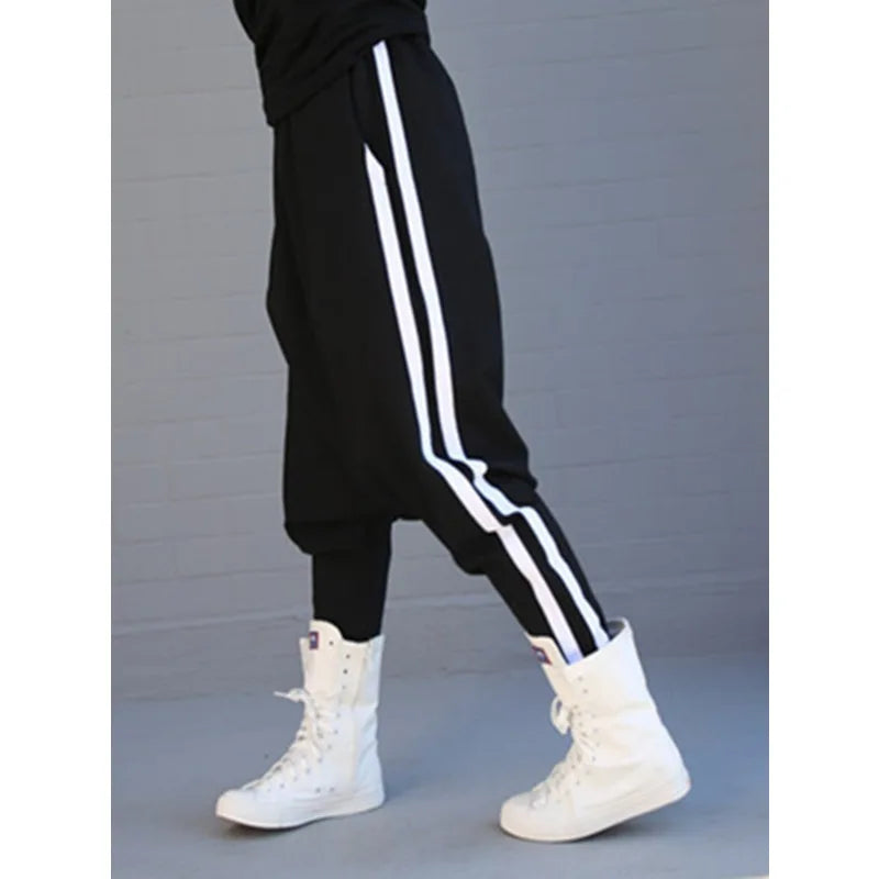 Striped Black Harem Pants for Women 2025 New Wide Casual Pockets Female Sportwear Trousers Ladies Bottpms 55977