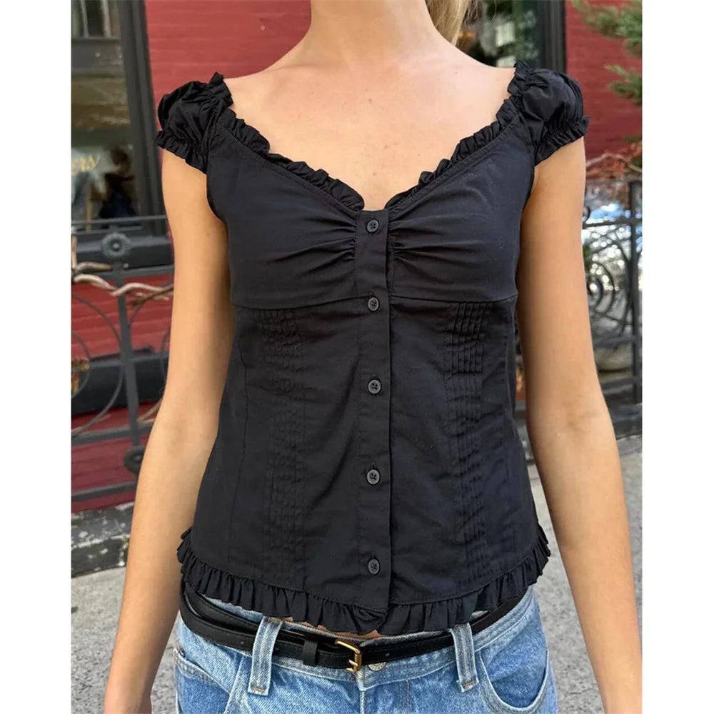 Women's Button Down Tops Fashion Cap Sleeve Solid Color Slim Fit Frill T-Shirts Summer Blouses