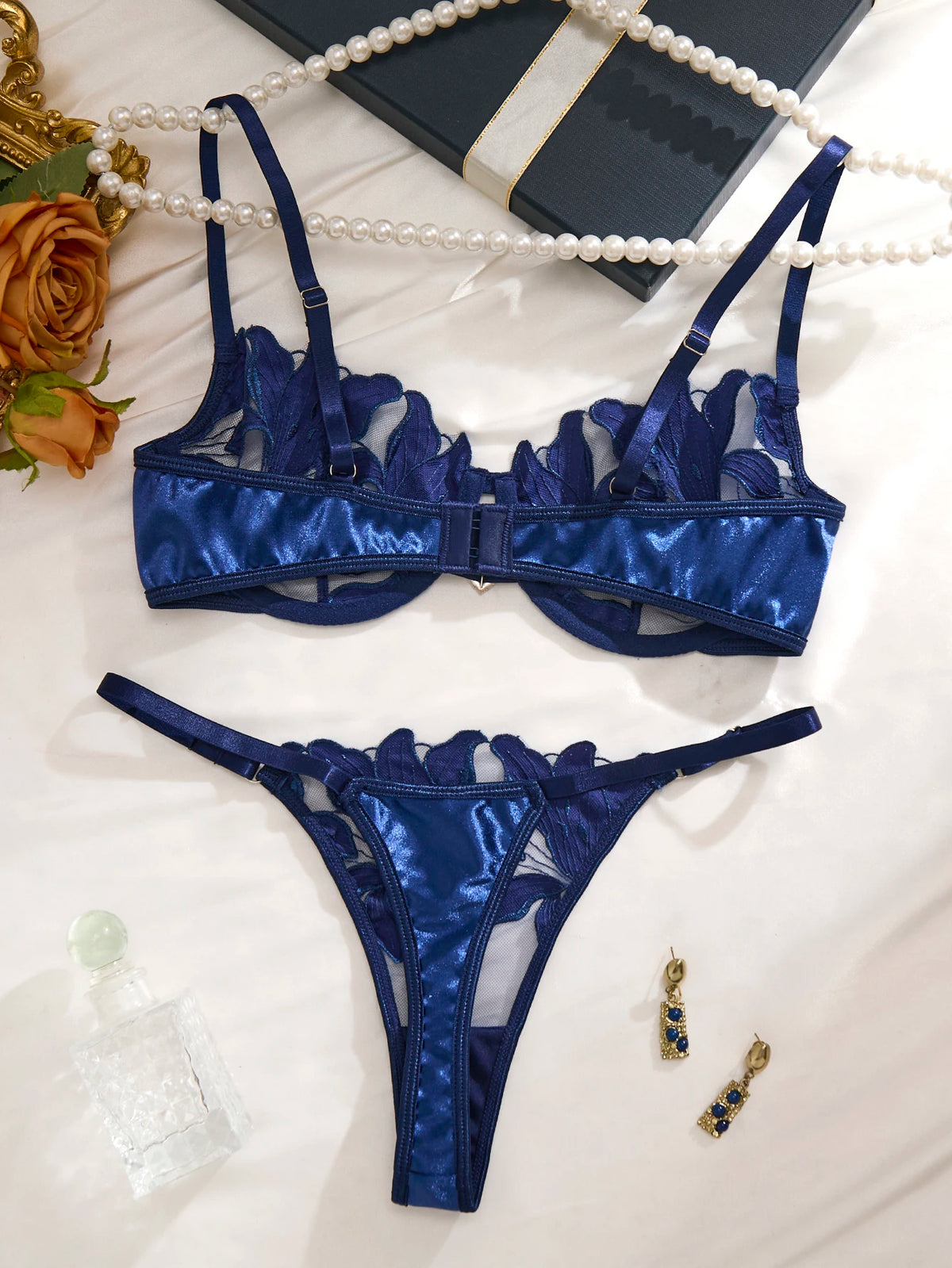 Luxury-Style Blue Lily Embroidery Underwear Set - See-through Mesh Bra - French Retro Elegant Women's Underwear ZA824031
