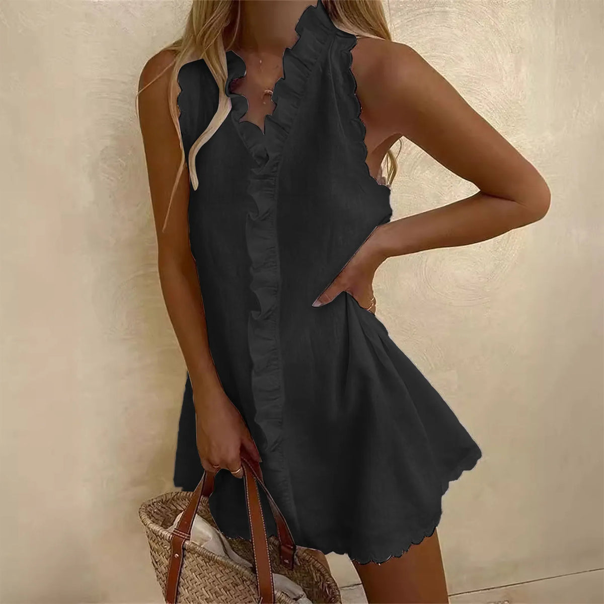 2025 Summer Sexy Casual Mini Dress Women Fashion Elegant Vacation Solid Color Ruffle Sleeveless Vestidos V-neck Loose Dresses