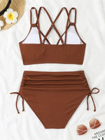 Women's Two Piece Swimsuit Black Double Strap Push Up Pleate Drawstring Side High Waist Bikini 2025 Beach Bathing Suit Swimwear