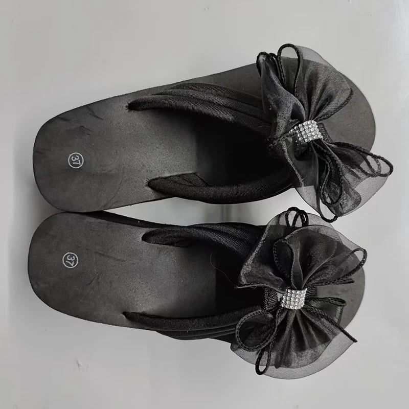 Black Mesh Bowknot Wedges Slippers Women Plus Size 36-43 Outdoor Platform Flip Flops Woman Summer Lightweight Clip Toe Sandals