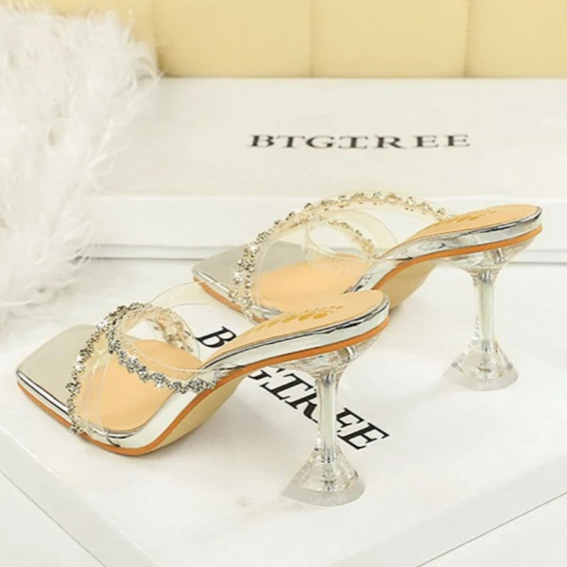 Transparent High Heels Women's Summer New Fashion Thin Heel Sandals Outdoor Wear Rhinestone Slippers Modern Minimalist Style