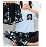 Women's Pajamas 3-Piece Set Sleepwear Home Clothes Autumn Short Sleeve Top with Shorts & Long Pants Loungewear Short Suit Pyjama