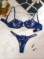 Navy Blue Floral Embroidery Satin Lingerie Set Sheer Mesh Underwire Bra & Thong Women Sexy Underwear