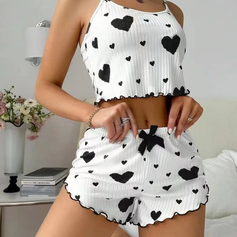 Hot Selling Womens Pajamas Set Sleepwear Short Tank Tops And Shorts White Ventilate Soft Casual Red Love Printing Sleepwear
