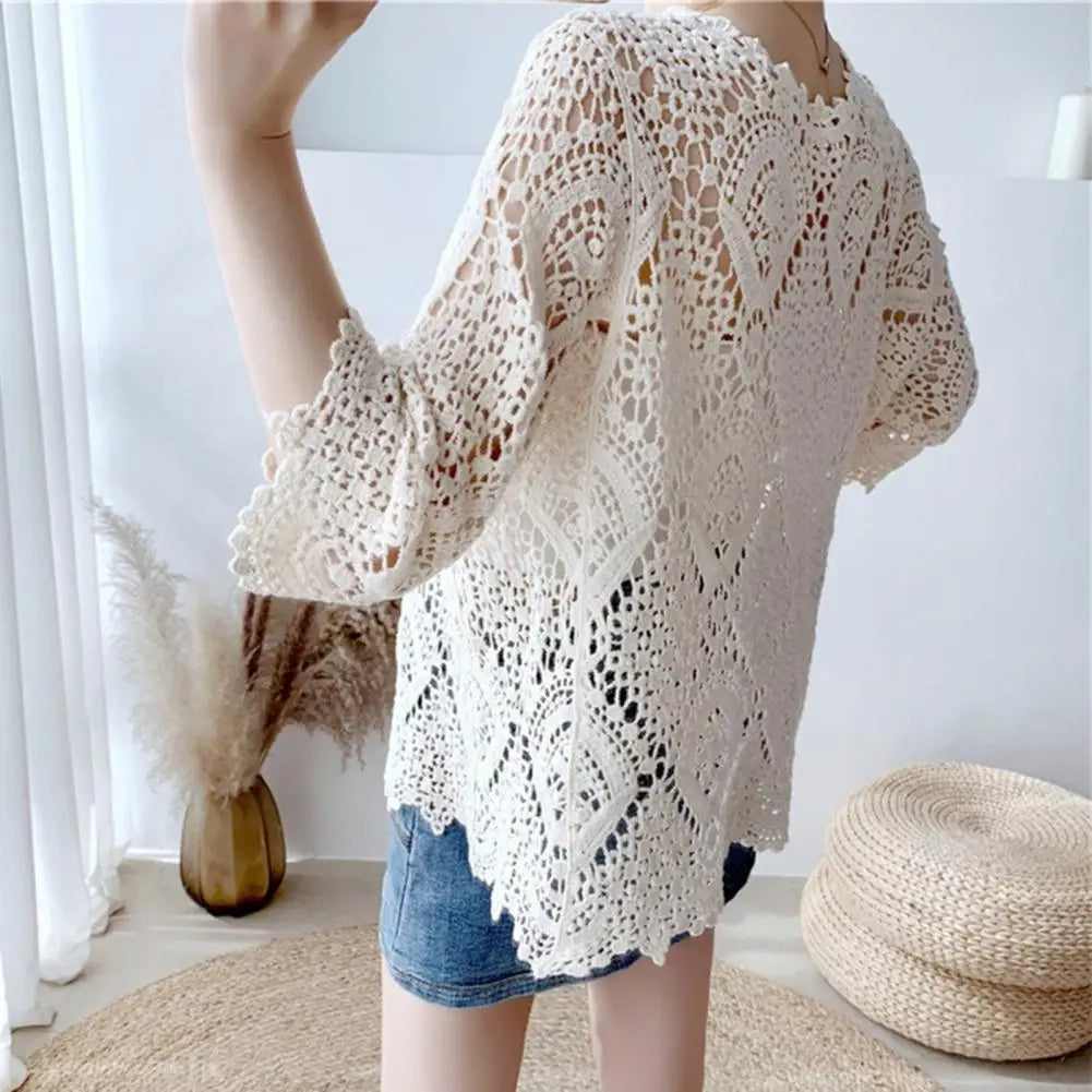 3/4 Sleeve Hollow Out Open Front Sheer Sweater Crochet Cardigan for Women Lightweight Boho Summer Beach Knit Shrug