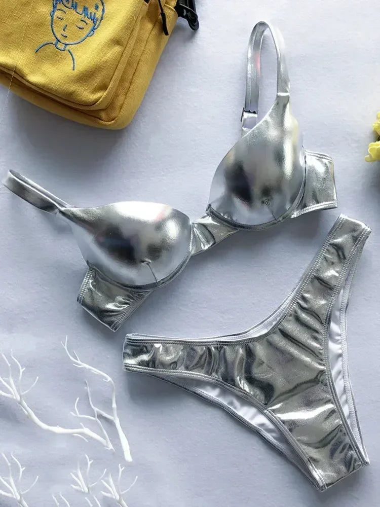 Shiny PU Faux Leather Bikini 2025 Push Up Swimsuit Women Swimwear Female Two-pieces Bikini set Bra Cup Bather Bathing Suit Swim