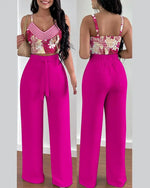 Women's Two Piece Sets Fashion Print Halter V-Neck Short Tank Suit Tops Long Pants Matching Set Summer Casual Female Slim Pants
