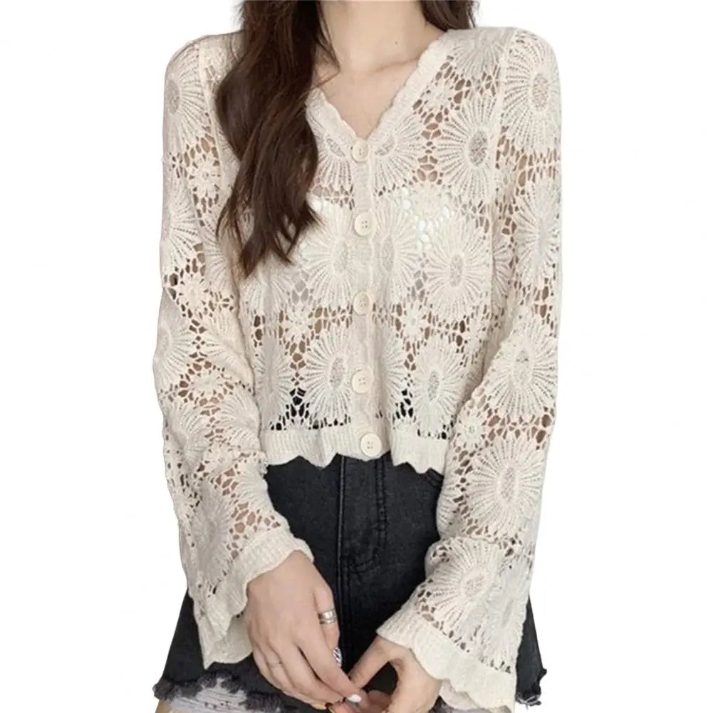 3/4 Sleeve Hollow Out Open Front Sheer Sweater Crochet Cardigan for Women Lightweight Boho Summer Beach Knit Shrug