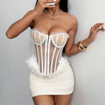 Women Corset Vest Sexy See Through Dot Print Lace Trim Club Wear Fishbone Tank Top Strapless Buckle Tie Rope Perspective Tops