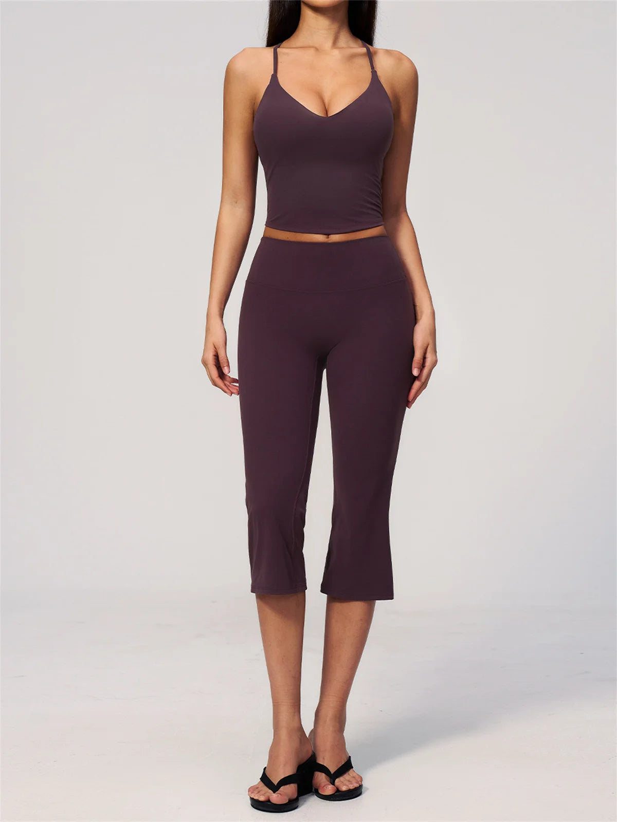 Summer New Yoga Clothing Women Solid V Neck Slim Sports Tank Top Athletic Wear High Waist Butt Lift Mid Pants Gym Fitness Suits