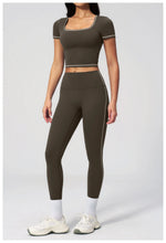 2PC Color Contrast Yoga Suit Women Short Sleeve Square Collar Slim Sports Top Fitness Suits Outdoor Exercise Leggings Tracksuit