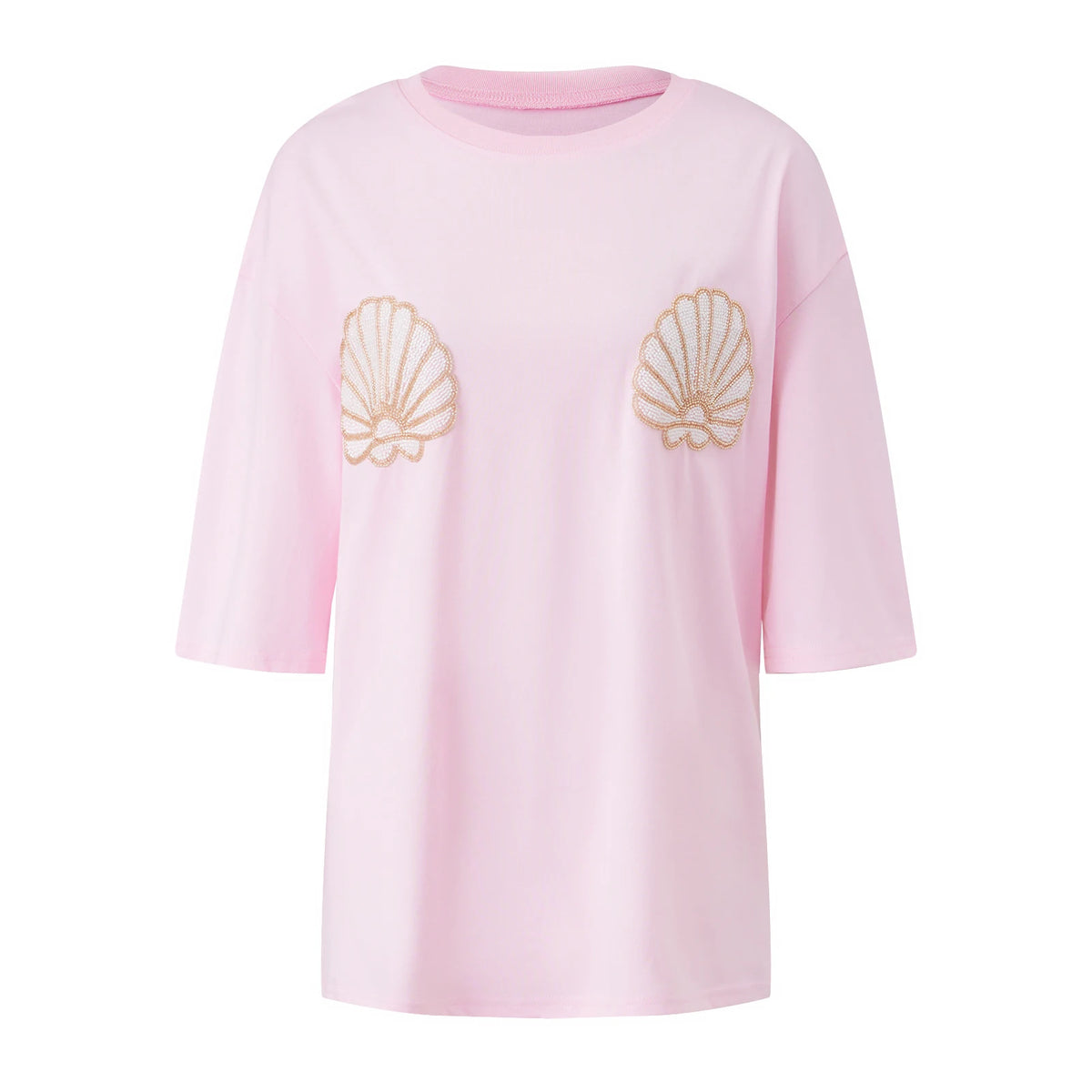 Women Oversized Short Sleeve T-shirt Sparkle Shell Embroidery Loose Shirts Summer Daily Casual Baggy Tops