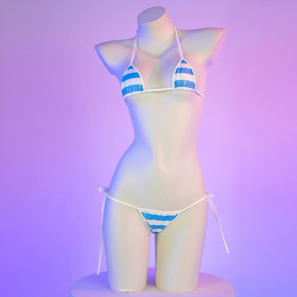 Summer PU Leather Micro Bra Bikini Set Swimsuit Stripes Bright Anime Swimwear Women Erotic Underwear Sexy Lingerie Costume
