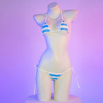Summer PU Leather Micro Bra Bikini Set Swimsuit Stripes Bright Anime Swimwear Women Erotic Underwear Sexy Lingerie Costume
