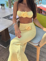 Women’s Two Piece Knit Summer Outfits Strapless 3D Flower Tube Tops and Long Skirt Set Beachwear Sexy Club Holiday Clothes