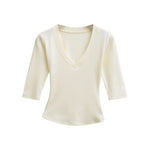 New Pure Desire Casual Style T-Shirt Hot Girl Sexy V-Neck Wool Lyocell Stretch Slim Fit Mid-Sleeve Solid Color Thin T-Shirt WLOC