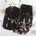 Crane Print Silk Satin Female Pajamas Retro Long Sleeve Robe with Trouser Sleepwear Comfortable Wedding Nightwear for Home