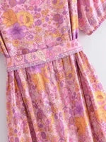 Foridol Single Breasted Bohemian Holiday Summer Women Dress Belt Casual Loose Maxi Floral Dress Short Sleeve Long Viscose Dress