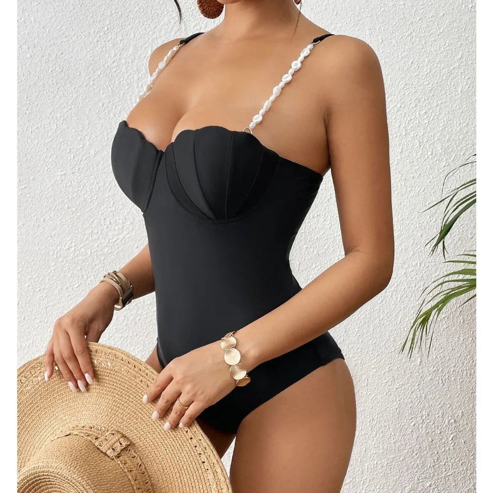 Push Up One Piece Swimsuit Female 2026 Swimwear Women Scallop Bathing Suits Summer Beach Wear Pearl Monokini Swimming Suit Black