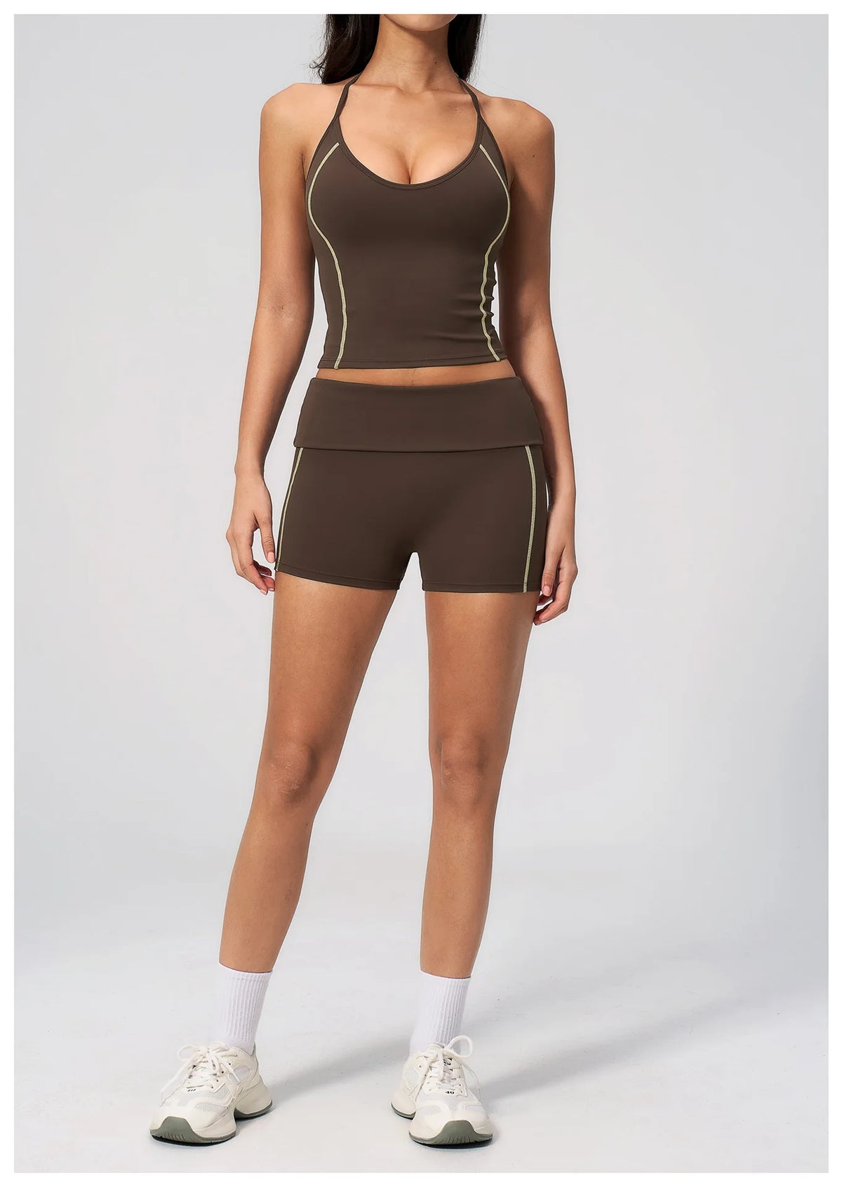 2PCS Women Yoga Sets Color Contrast Hanging Neck V Neck Slimming Sports Tank Top Flip High Waist Shorts Gym Running Fitness Suit