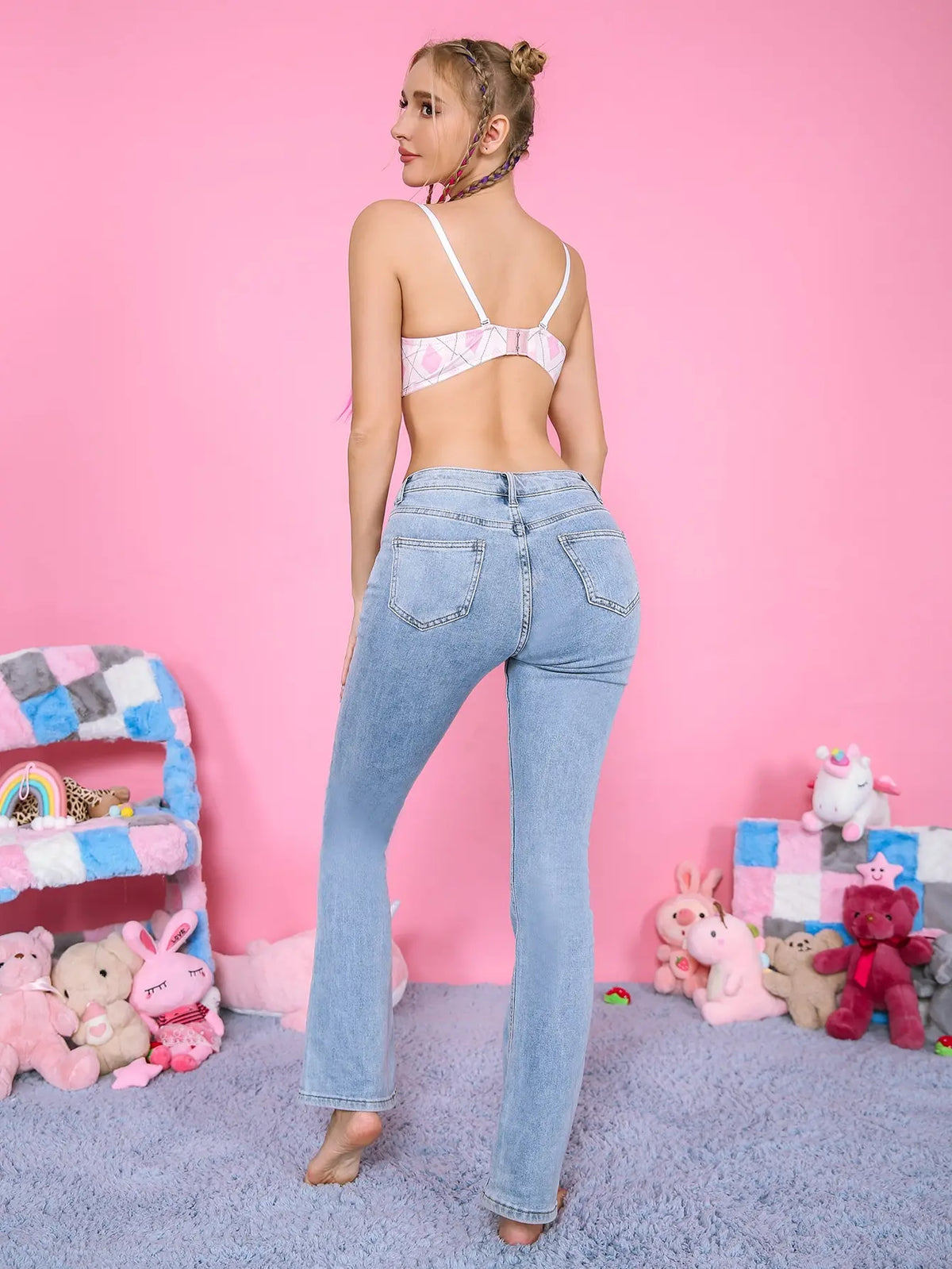 Women's Sweet Plaid Pattern Bra with Steel Ring Gathered Push-Up Adjustable Straps Comfortable Fitting Underwear B6113
