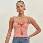 Sweet Girly Plaid Polka Dot Print With Drawstring Tie For Vacations Red Gingham With Bow Scallop Trim Fitted Bustier Style X6P8