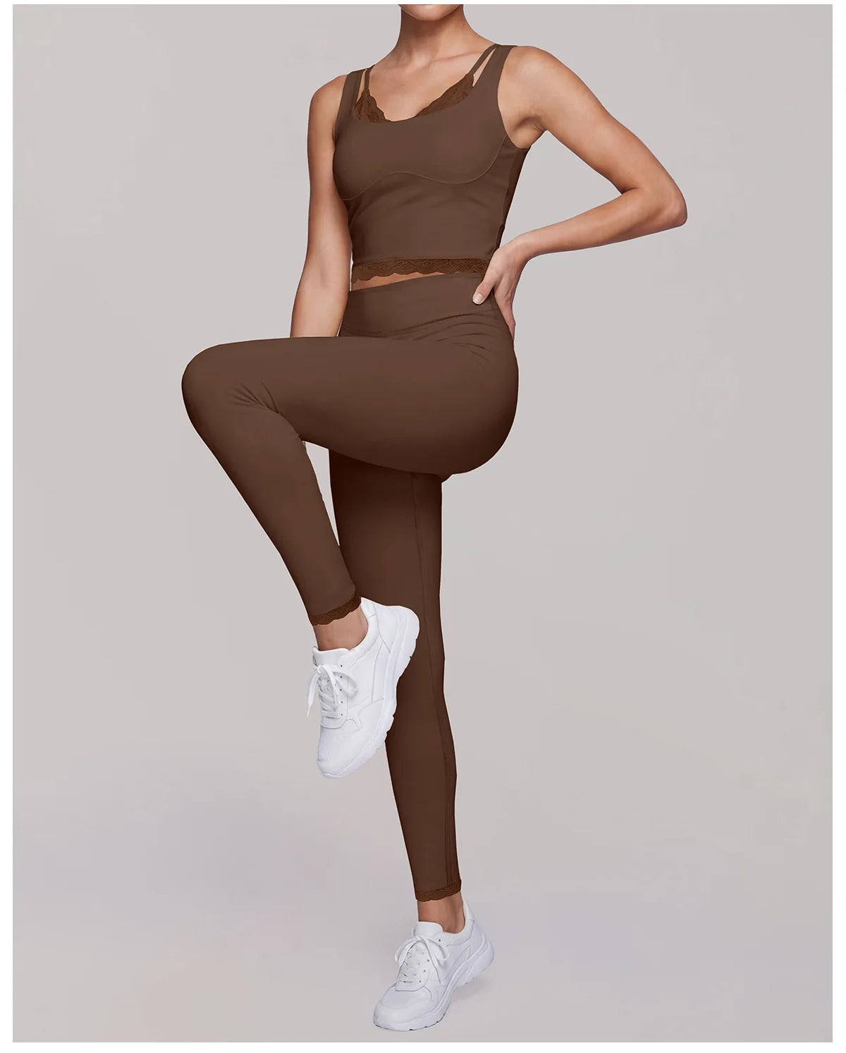 Fake Two Piece Tank Top Yoga Sets Women Lace V Neck Sports Vest Fitness Suit Hip Lifting High Waist Leggings Workout Clothes