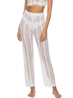 S - XL Women Crochet Knitted Beach Pants Hollow Out Elastic Straight Casual Trouser Holiday Beach Wide Leg Bikini Cover Up V2651
