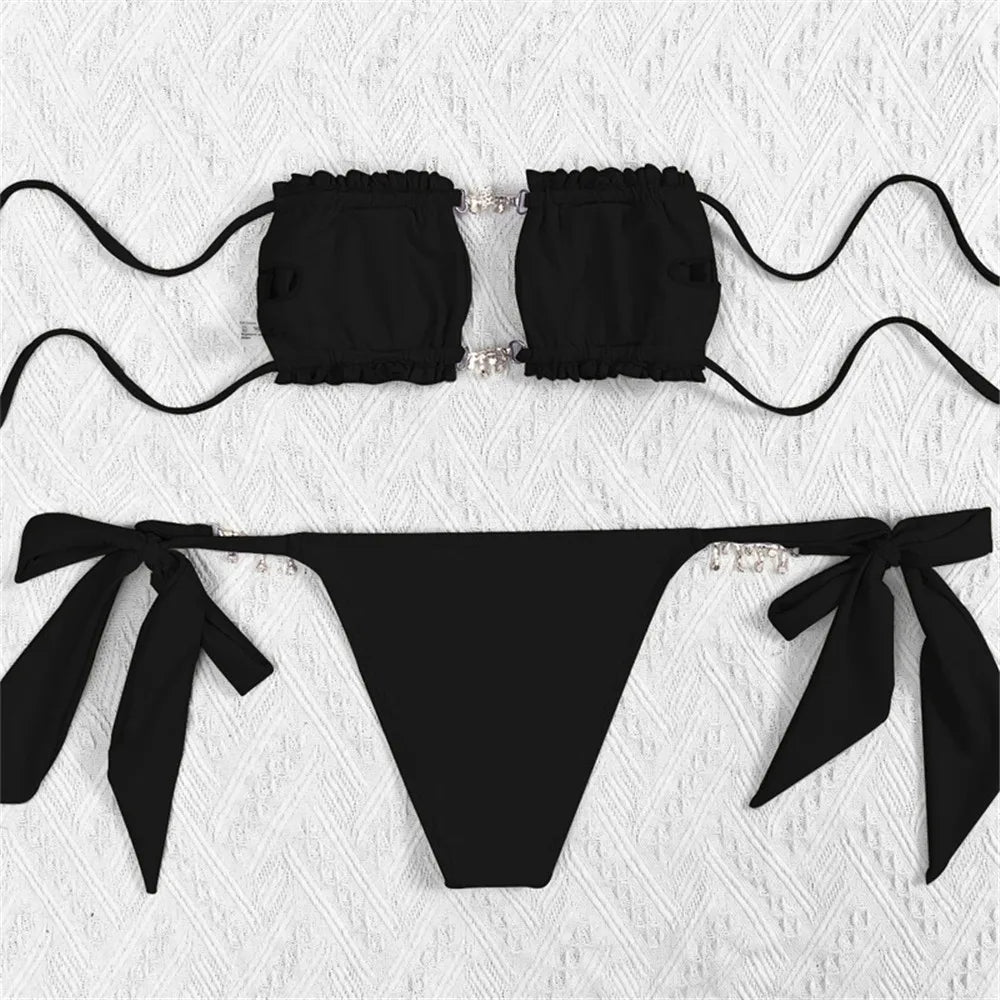 Sexy Rhinestone Chain Micro Thong Bikini Women Swimwear Ruffled Bandeau Swimsuit Knotted Bathing Swimming Suit Bikinis Sets 2026