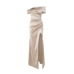 Elegant Satin Solid Color Off-Shoulder Women's Long Dress Sexy High-Waisted Flim Slit Pleated Dress for Lady Party Wedding