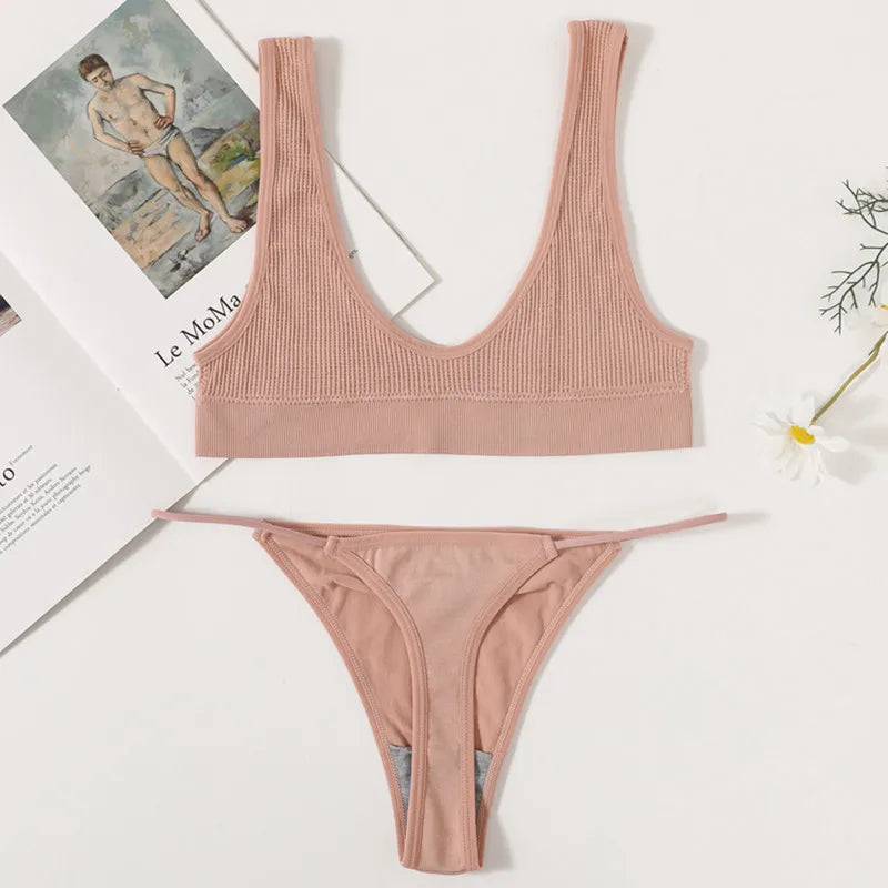 Women Seamless Bra And Panties Set U-Neck Push-Up Bra Brazilian Thongs Low-Waist T-Back Female Underwear Sexy Lingerie Set