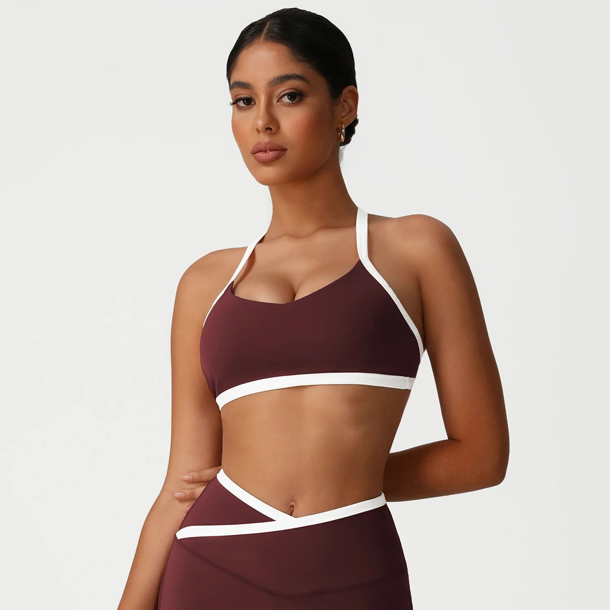 Women Training Yoga Elastic V-Back Fitness Top Contrast Color Cycling Casual Run Sport Bra