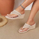 Hollow Crochet Thong Espadrille Wedge Slide Sandals Women Breathable Slip On Flip Flops Platform High Heel Summer Beach Mules