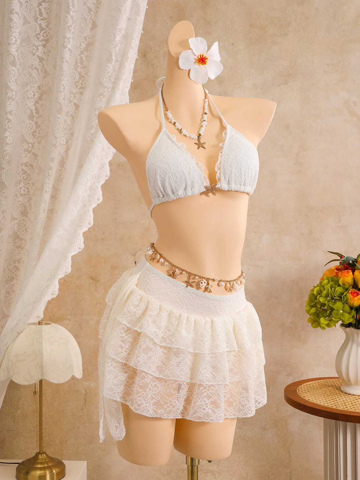 Sexy White Lace Bikini Set 2026 Women Beach Starfish Push Up Bra Swimsuit Holiday Bathing Suit Pleate Cover Up 3 Piece Swimwear