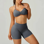 2PCS Backless Sports Bra High-Waisted Yoga Shorts Set Sexy Neck Hanging Design Abdomen Hip Lifting Fitness Outfit