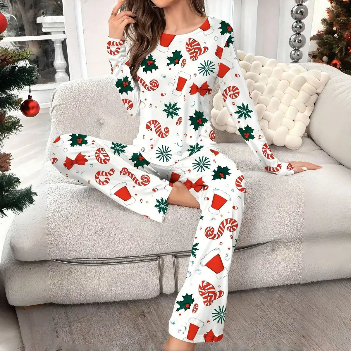 Women's Christmas Pajamas Set Autumn Winter Floral Printed Long Sleeve T-shirt and Long Pants Suit Loungewear Sleepwear