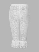 Women Summer Lace Ruffle Capri Leggings Solid Color Sheer Mesh Elastic High Waist See Through Pants