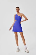 Sexy Hollow Waist Tennis Dress Women One Shoulder Pleate Sleeveless Built in Bra with Inner Separate Shorts Yoga Golf Dresses