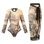 Long Sleeve Sunscreen One Piece Swimsuit Skirt Set for Women Vintage Floral Print Slim Fit Swimwear Holiday Bathing Suits 2025