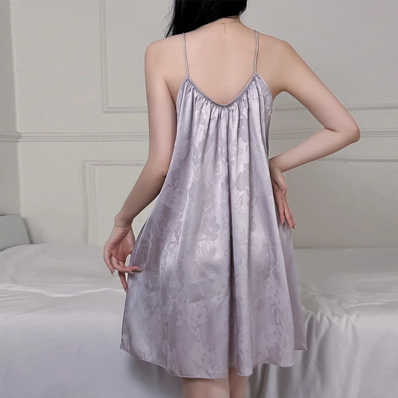 New Fashion Purple Silky Nightgown Women's Floral Print Chemise Spaghetti Strap A-Line Sleepwear Soft Comfortable Nightdress Hot