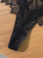Black Lace Bra and Panty Set – Sexy Sheer Mesh Push-Up Bralette with Scalloped Edges + Thong Lingerie – Romantic Valentine’s Day