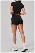 Color Contrast Yoga Suit Women Short Sleeve O Neck Sports T Shirts Tracksuit Outwear High Waist Shorts Gym Running Fitness Suits
