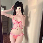 Japanese Anime Cat Cosplay Women Girls Sexy Lingerie Set Mini Ruffle Kawaii Bra Briefs Set Neko Maid Embroidery Ear Choker